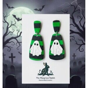 Ghost with Green & Black Stripe Halloween Handmade Polymer Clay Dangle Earrings